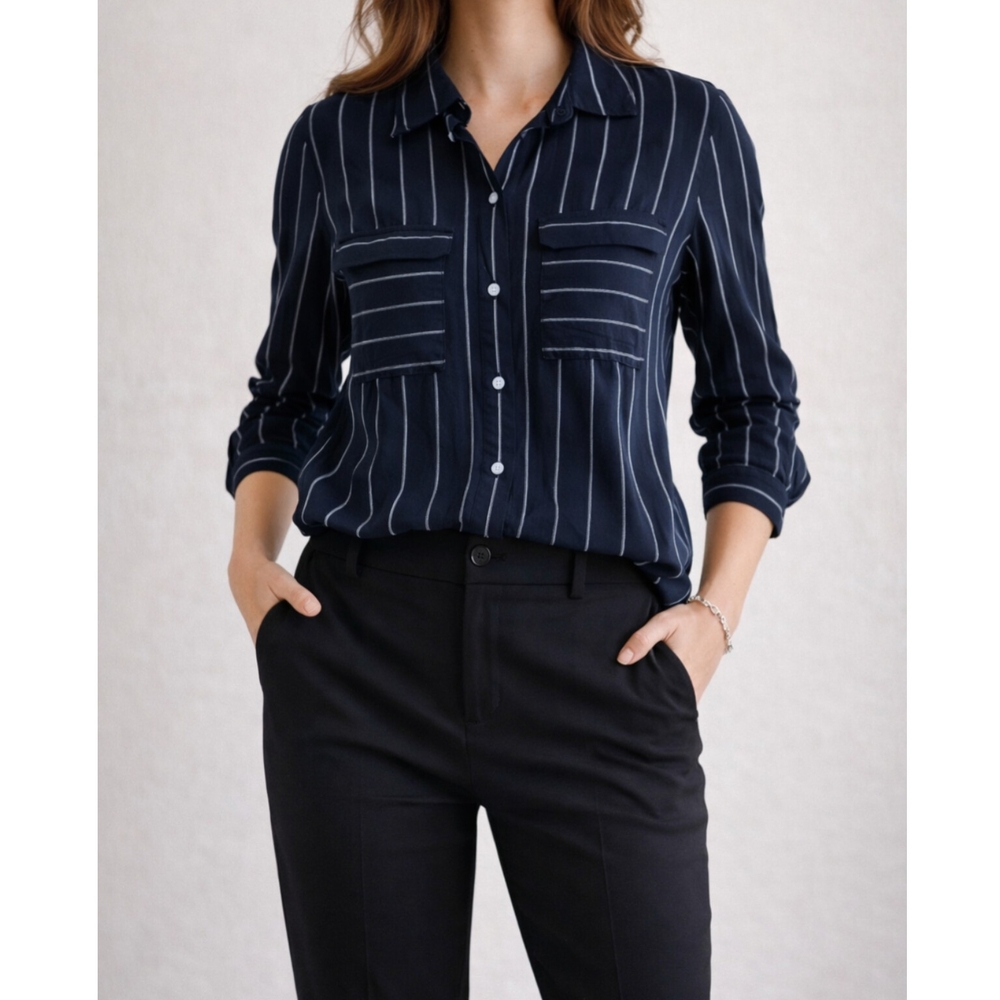 Milk & Honey Navy Striped Button Down Shirt